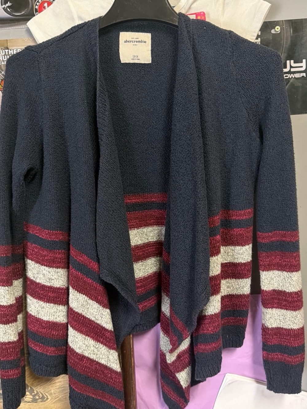 Abercrombie & Fitch Navy Open-Front Striped Cardigan - Navy, Burgundy & Cream